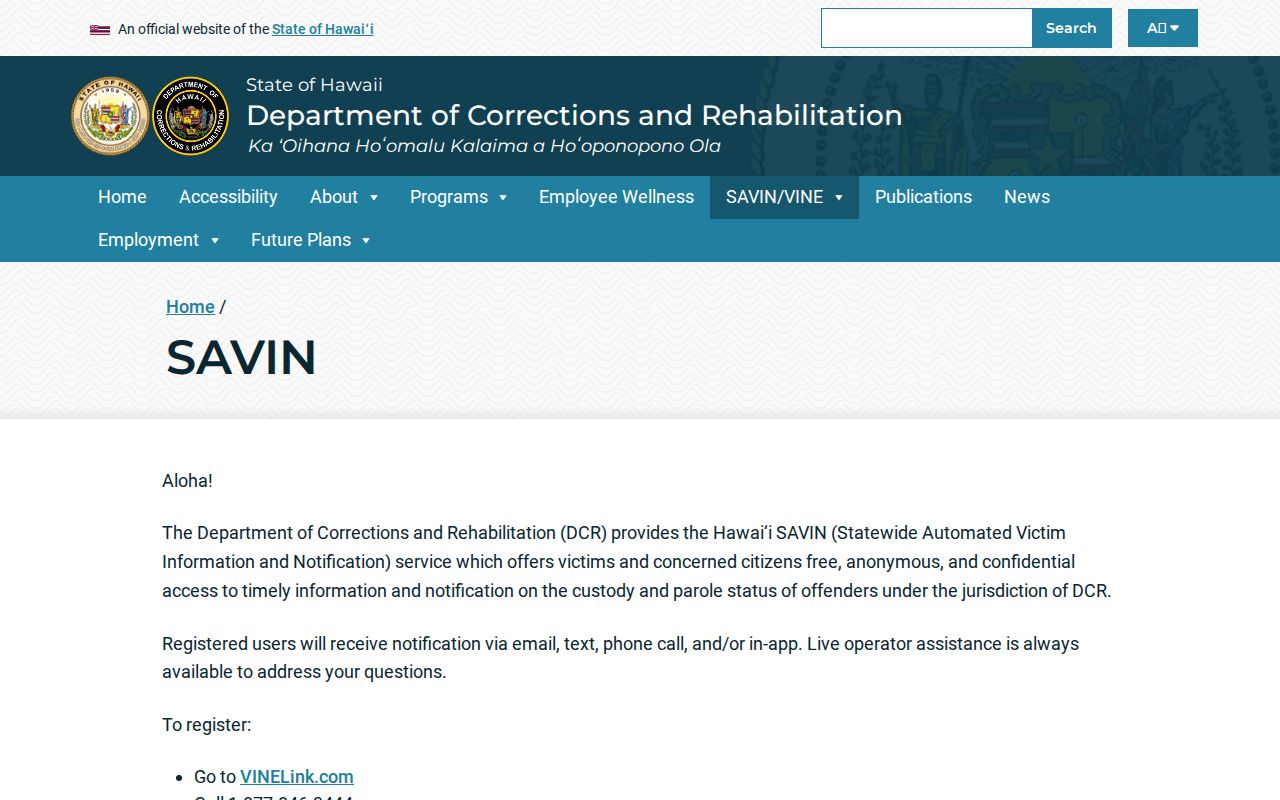Hawaii SAVIN custody notification service for defined East Honolulu searches