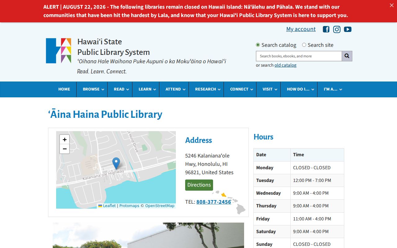 Aina Haina Public Library page showing an East Honolulu community research location