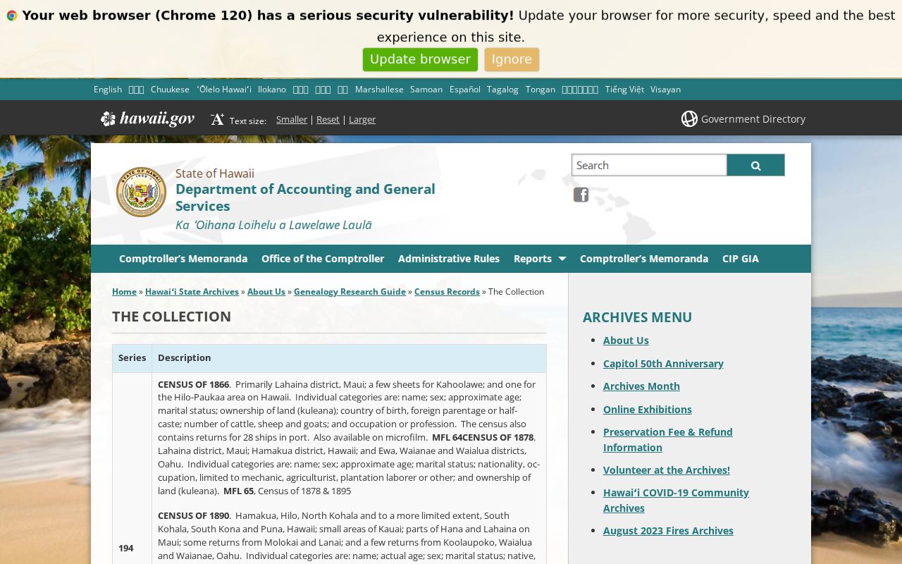 Hawaii State Archives census collection page describing incomplete historical coverage